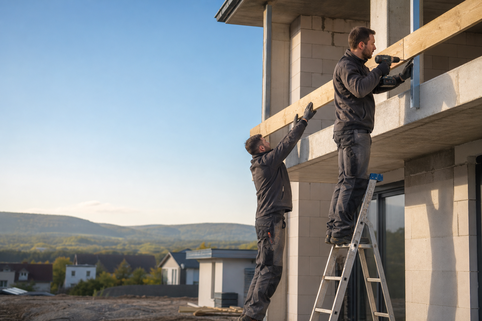 Two contractors installing a balcony rail on a residential project