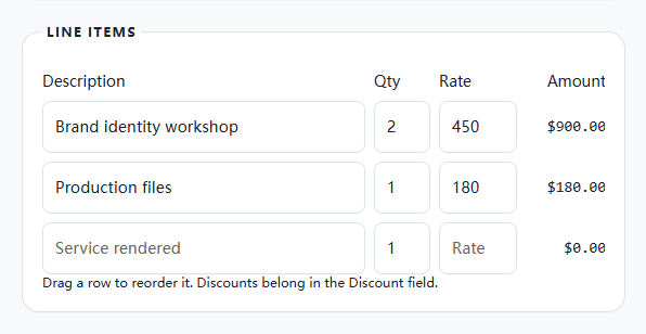 Invoice editor with two completed service line items and calculated amounts