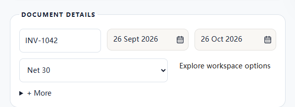 Invoice editor fields for invoice number, issue date and due date