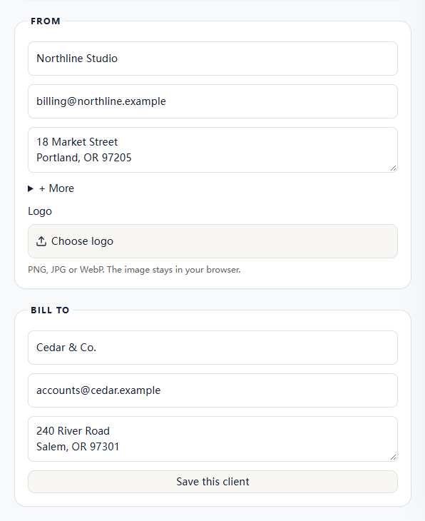Invoice editor fields for the business and client details