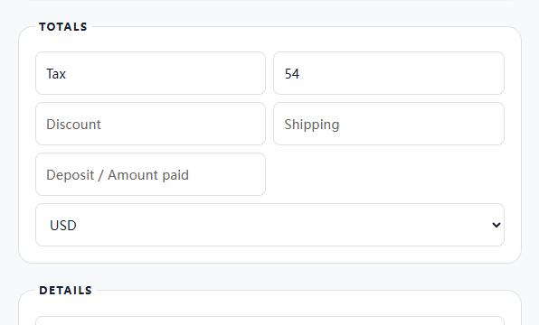 Invoice editor totals with tax field and notes area