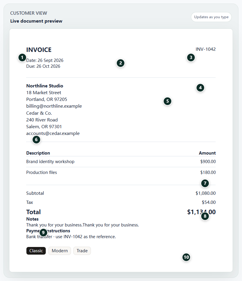 Filled invoice example for Northline Studio with ten numbered markers