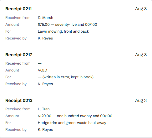 Filled sample: Free Receipt Book Template (PDF, Word & Excel)
