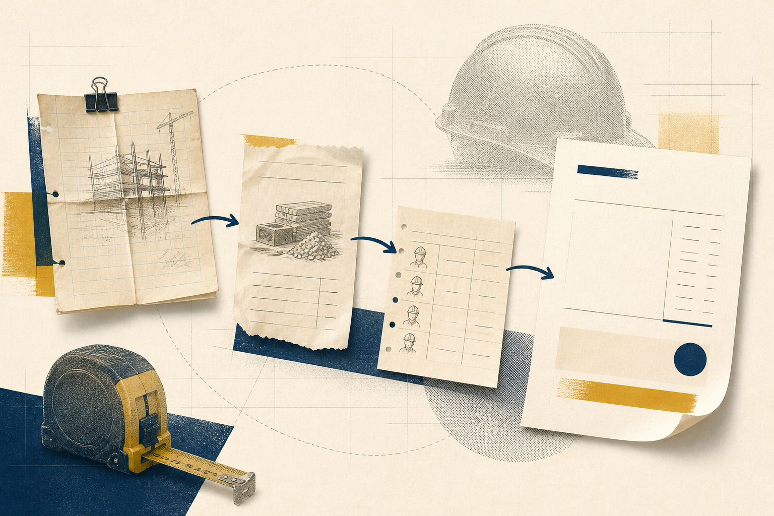Illustration of job notes, materials and labor records becoming a clear contractor invoice