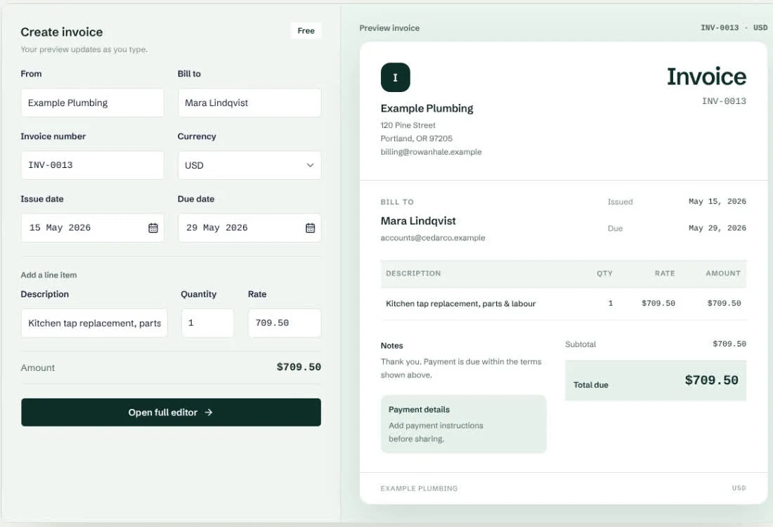 Invosmith invoice generator with invoice fields and a live document preview