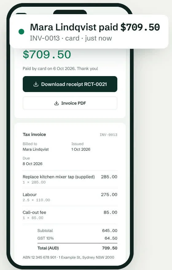 A client phone showing a paid invoice and payment confirmation