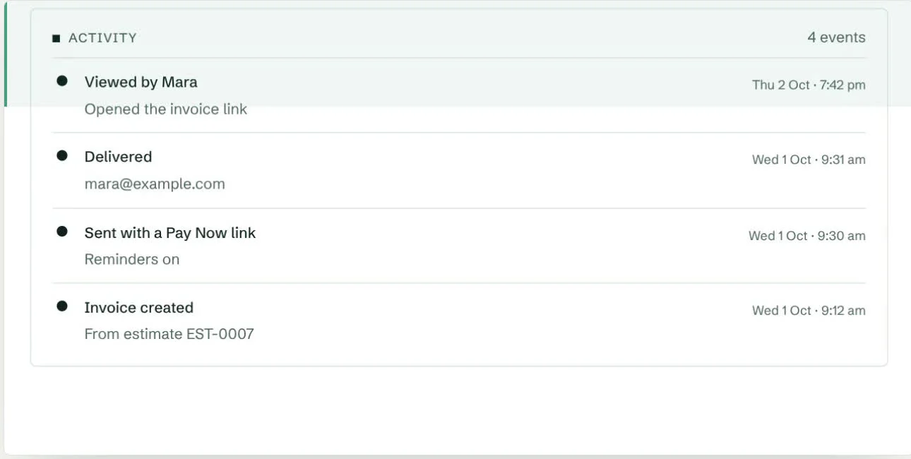 Invosmith invoice activity showing delivery and client view tracking
