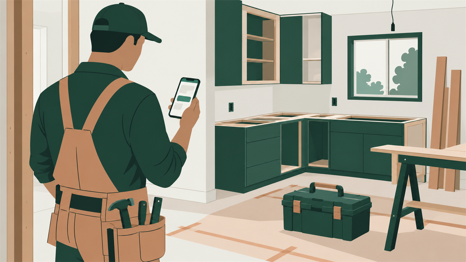 A contractor checks a phone beside a toolbox in a partially finished kitchen. Editorial illustration, not a product screenshot.