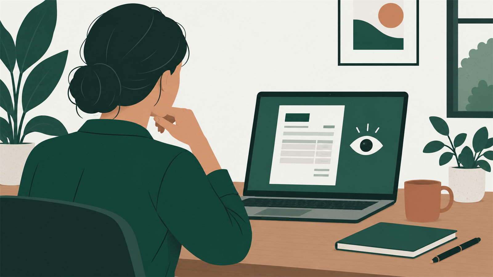 A person considers an invoice on a laptop screen beside an eye icon.