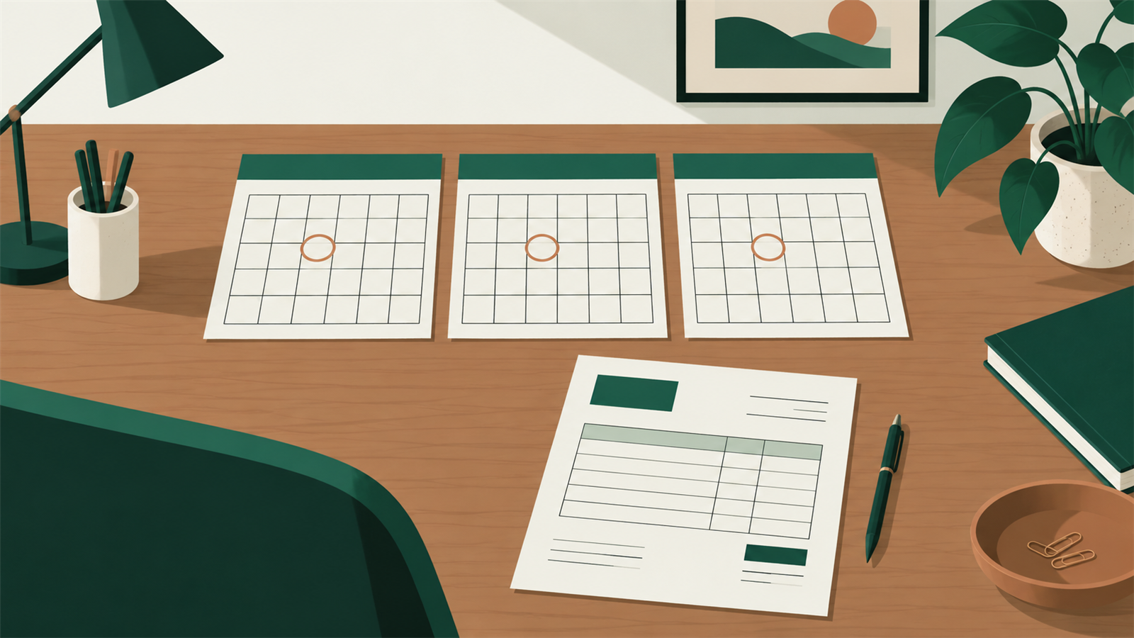 Three calendar sheets show matching circled positions beside a bill on a desk.
