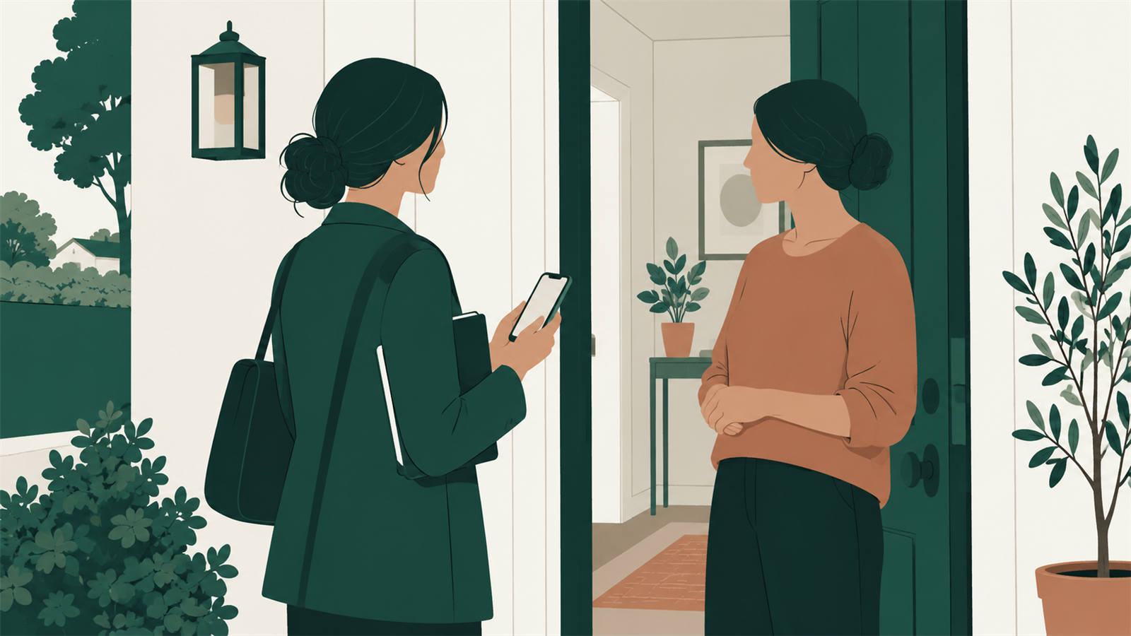 A tutor holding a phone talks with a parent at a doorway.