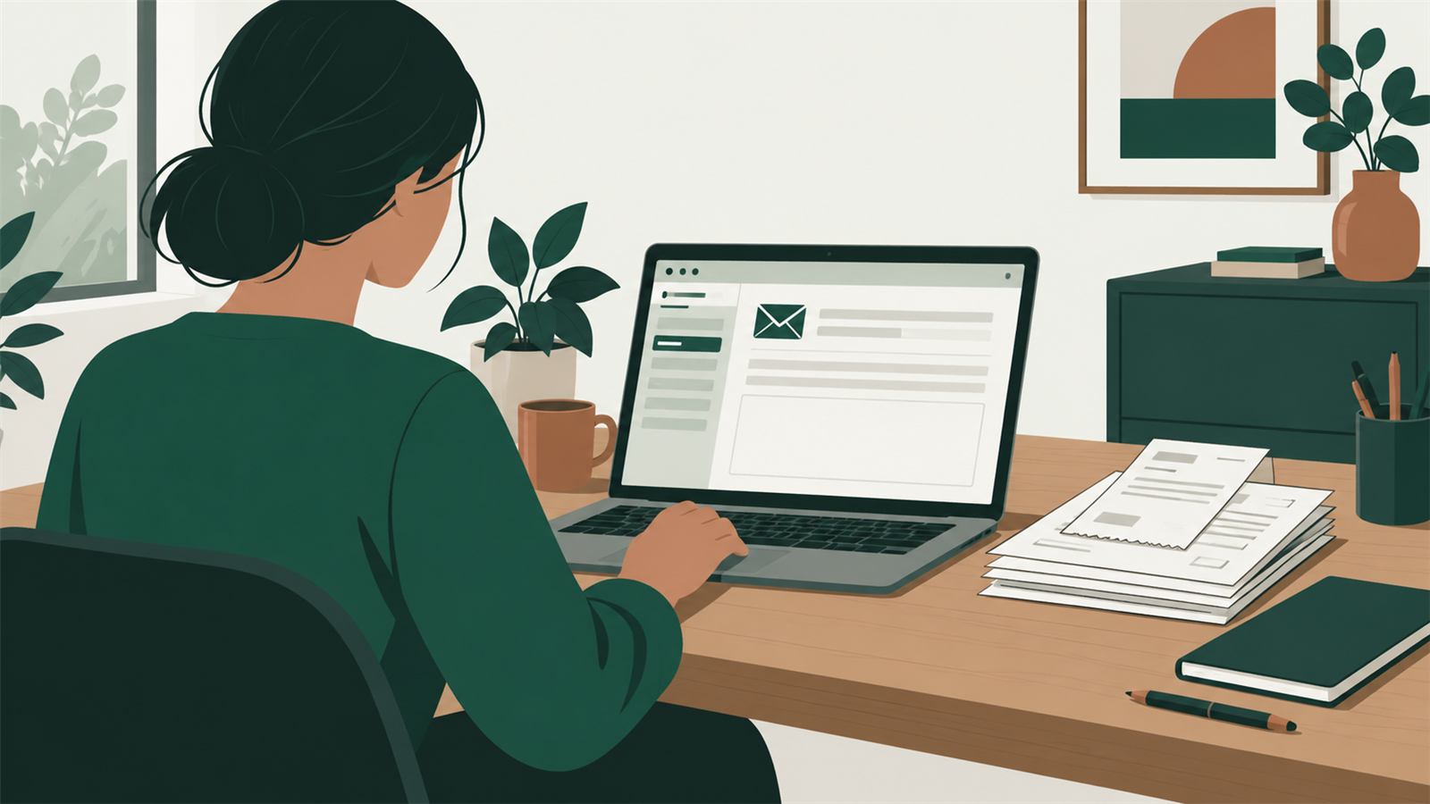 A freelancer uses an email interface on a laptop beside a stack of receipts.