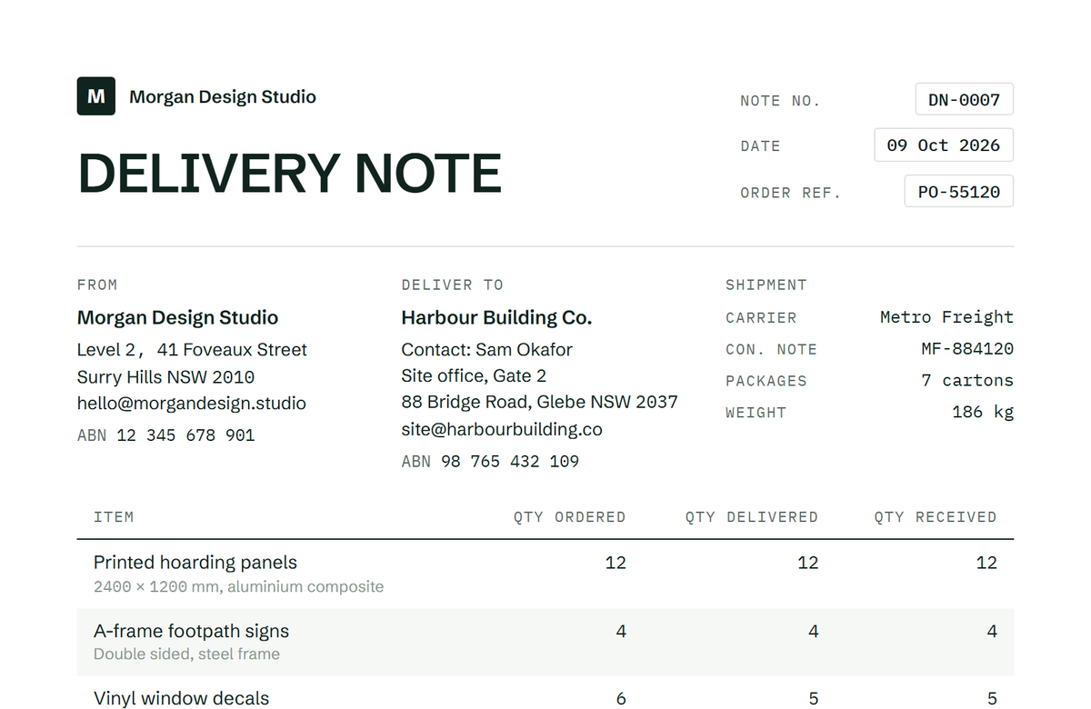 Filled delivery note sample