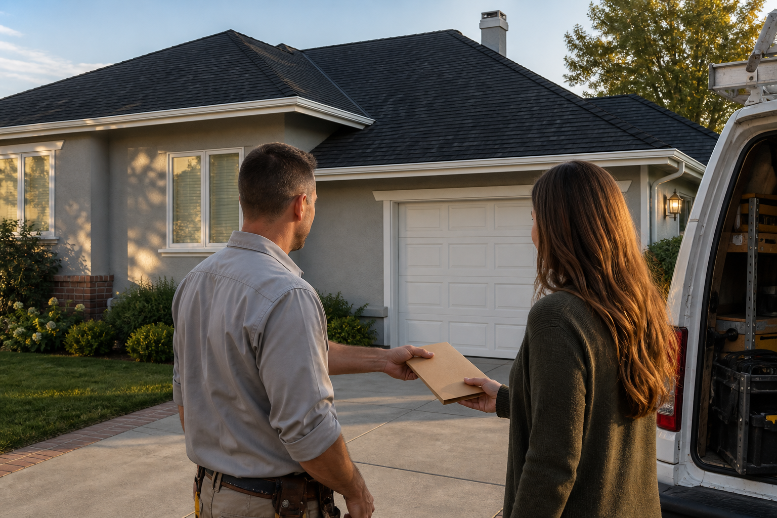 Roofer handing over job documents in front of a completed residential roof