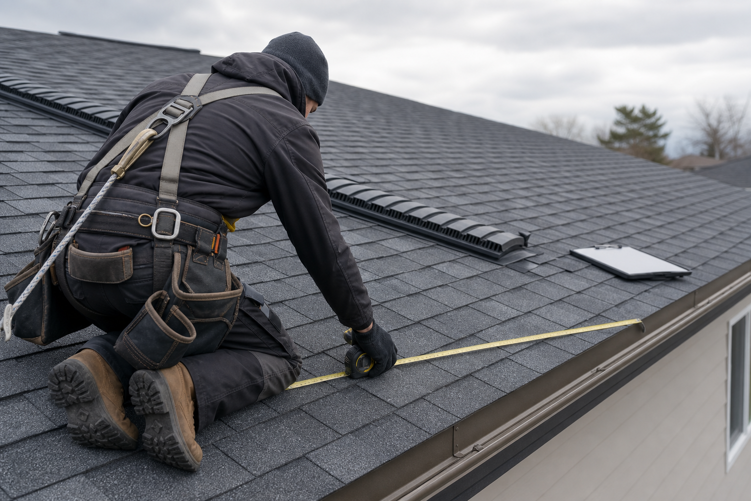 Roofer measuring a completed roof beside new shingles and roof-edge details