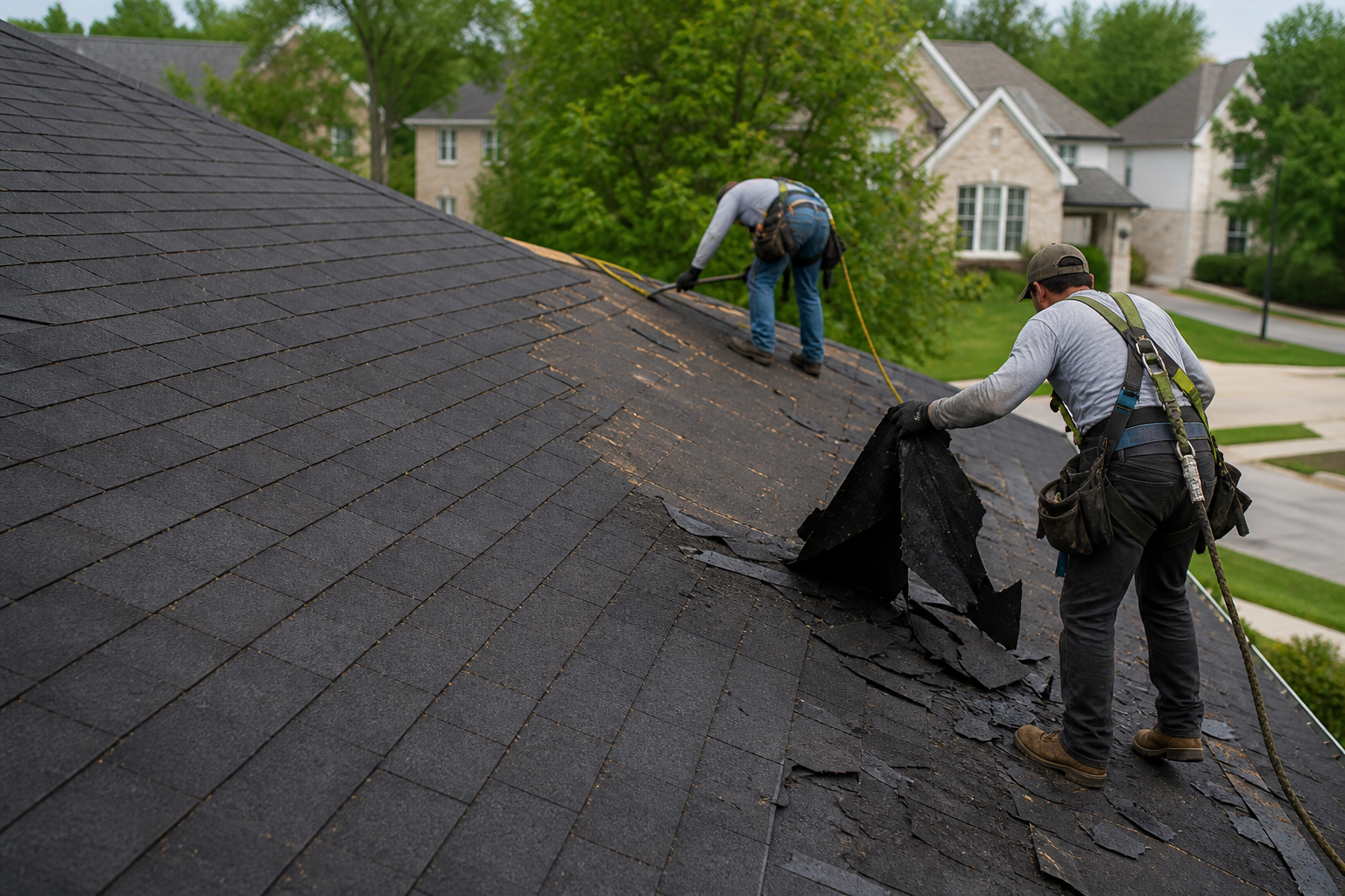 Roofing crew removing old shingles during a residential roof replacement