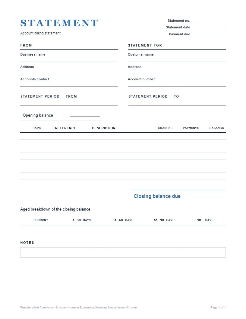 Billing statement template with account activity and balance fields