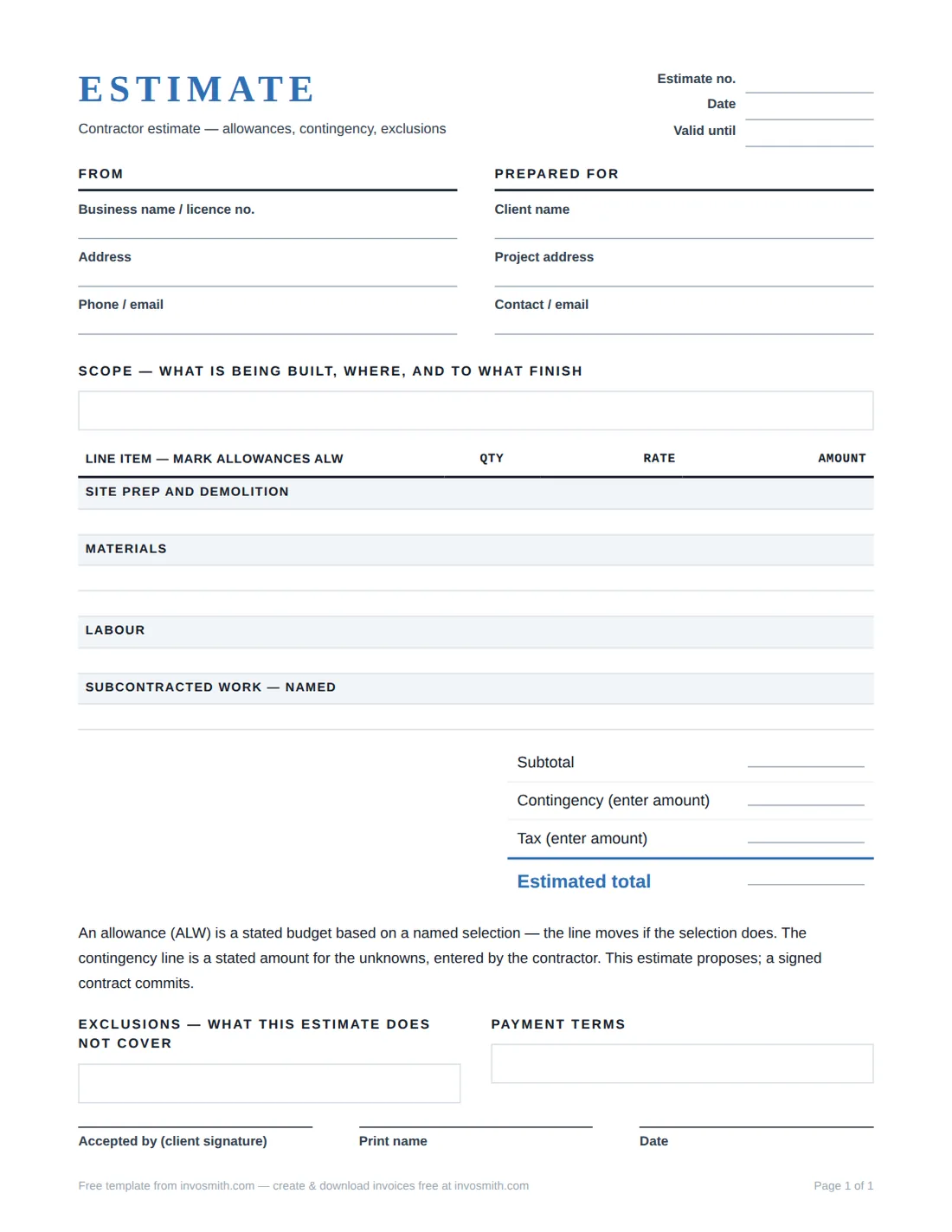 Free contractor estimate template with materials, labour, allowances, contingency and exclusions