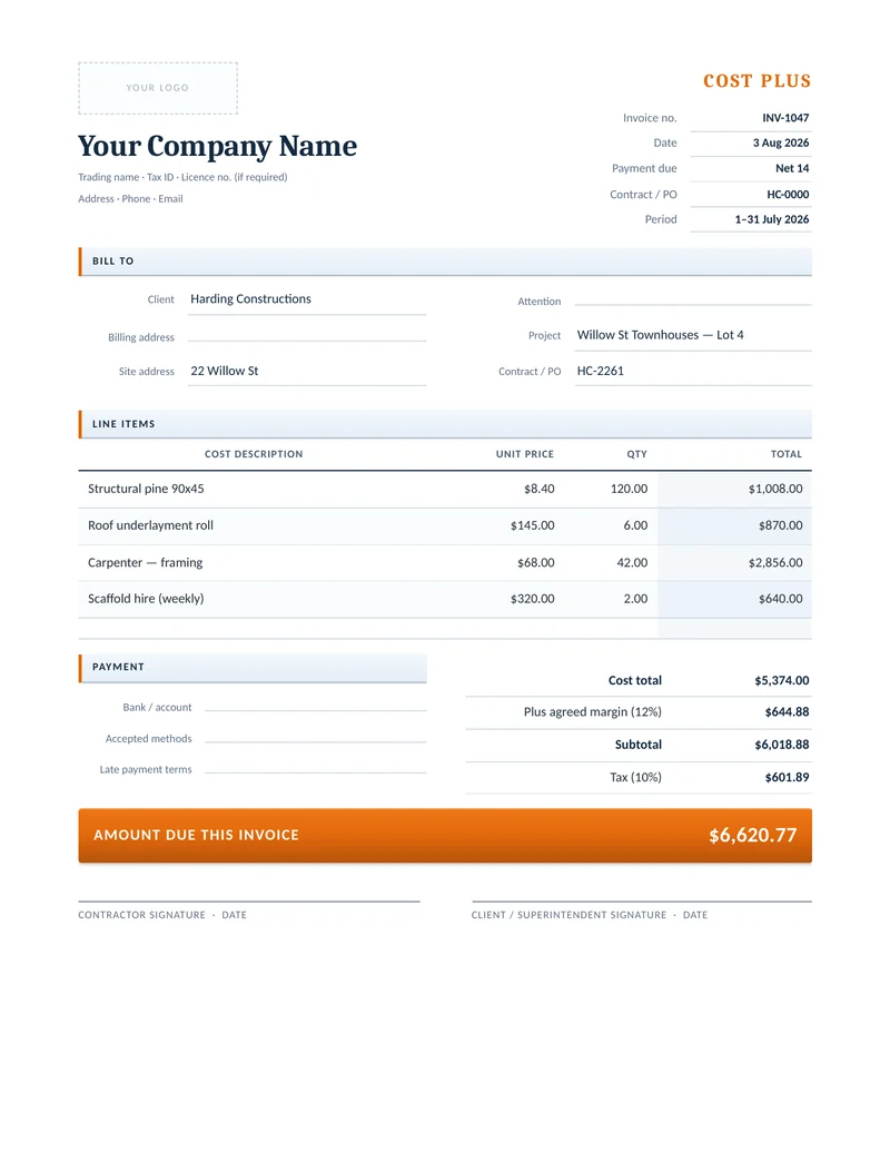 Cost Plus Invoice preview
