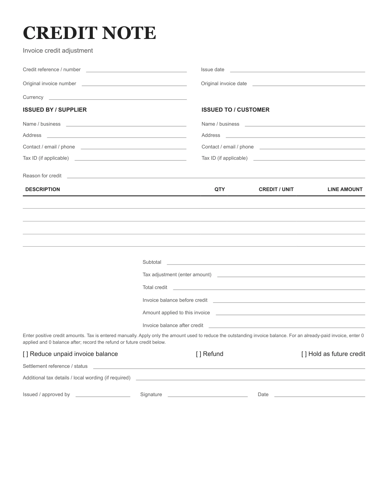 Blank template: Free Credit Note Template (Credit Memo)