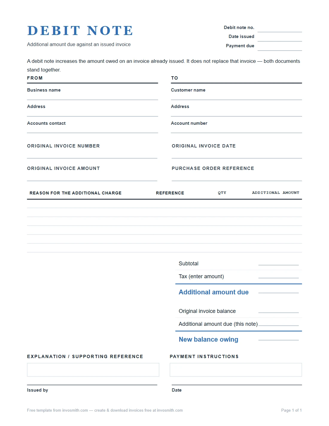 Debit note template with original invoice reference and adjustment lines