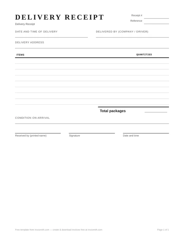Delivery receipt template with item, quantity, condition and signature fields