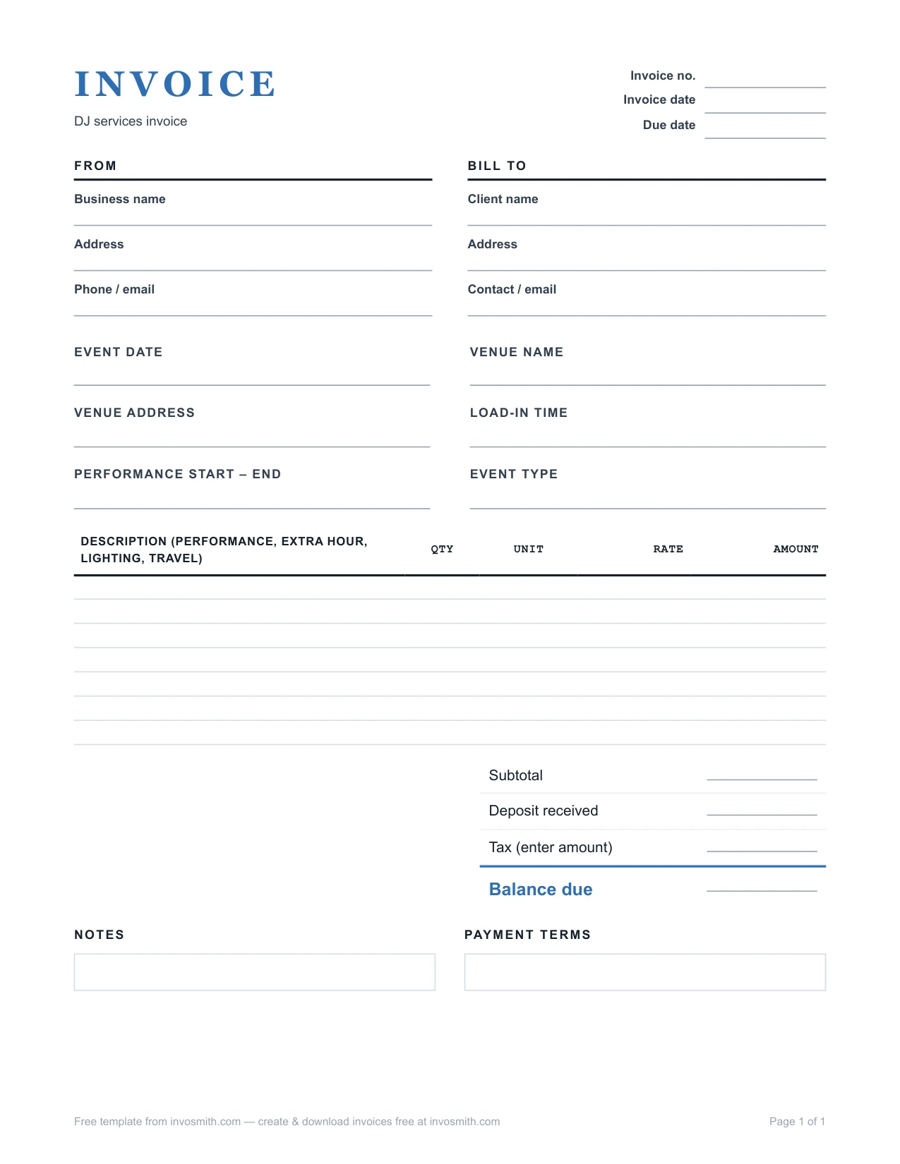 Blank template: Free DJ Invoice Template (PDF & Word)