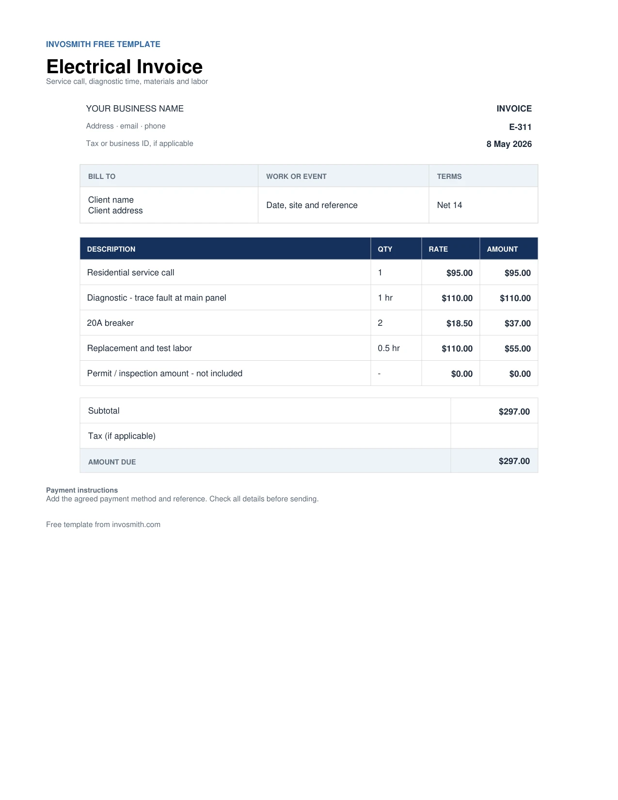 Blank template: Electrical Invoice Template