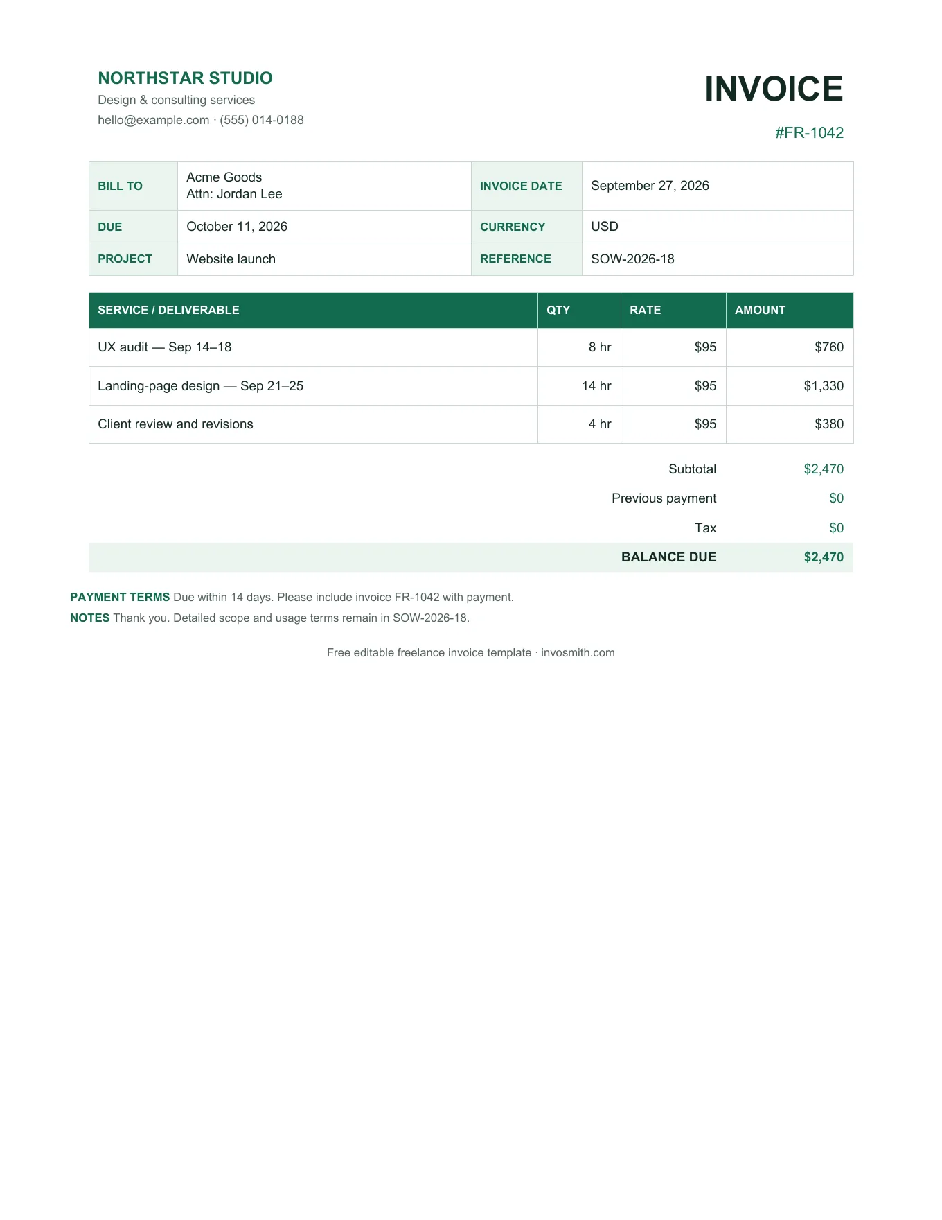 Hourly freelance invoice template with task hours and rates