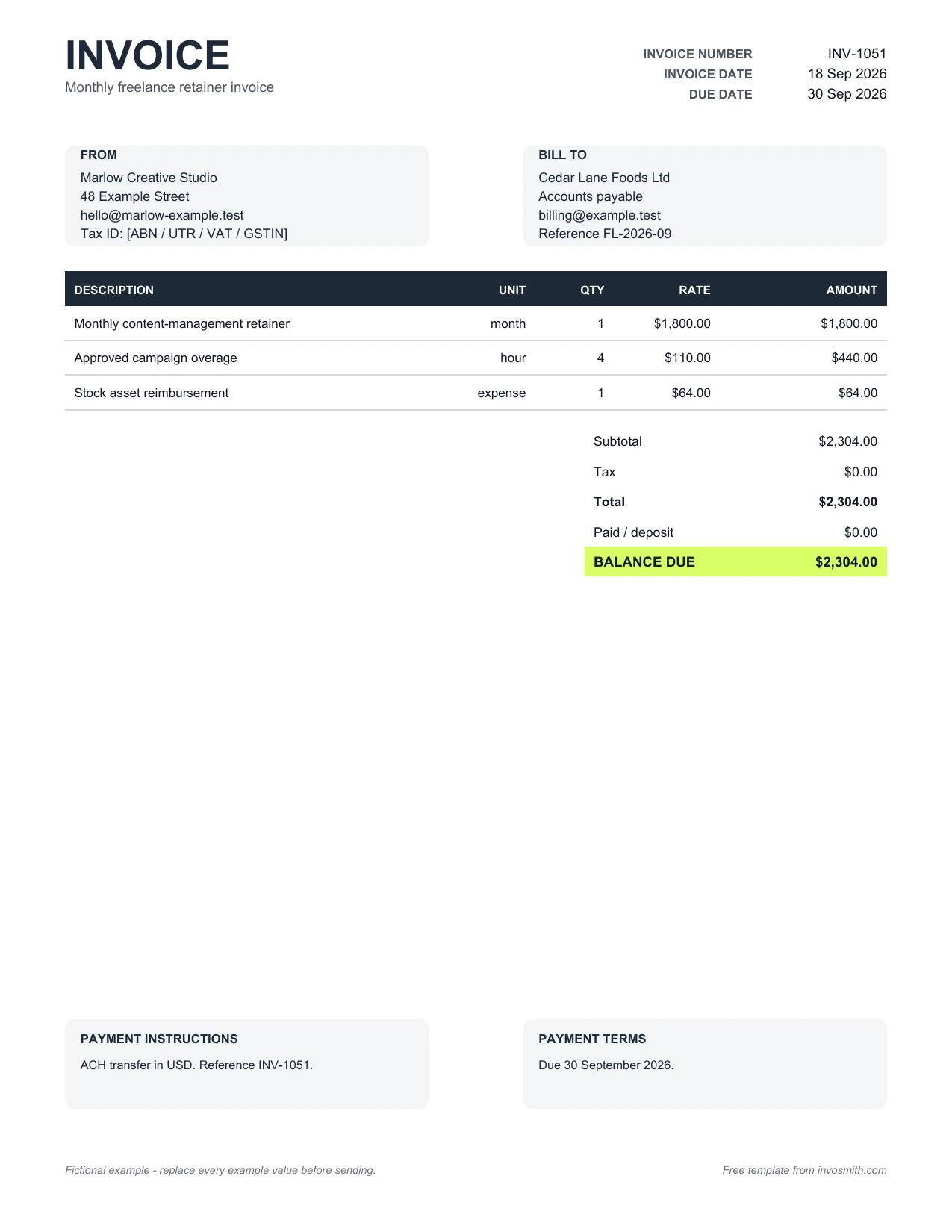 Filled monthly retainer freelance invoice example with service period and approved overage