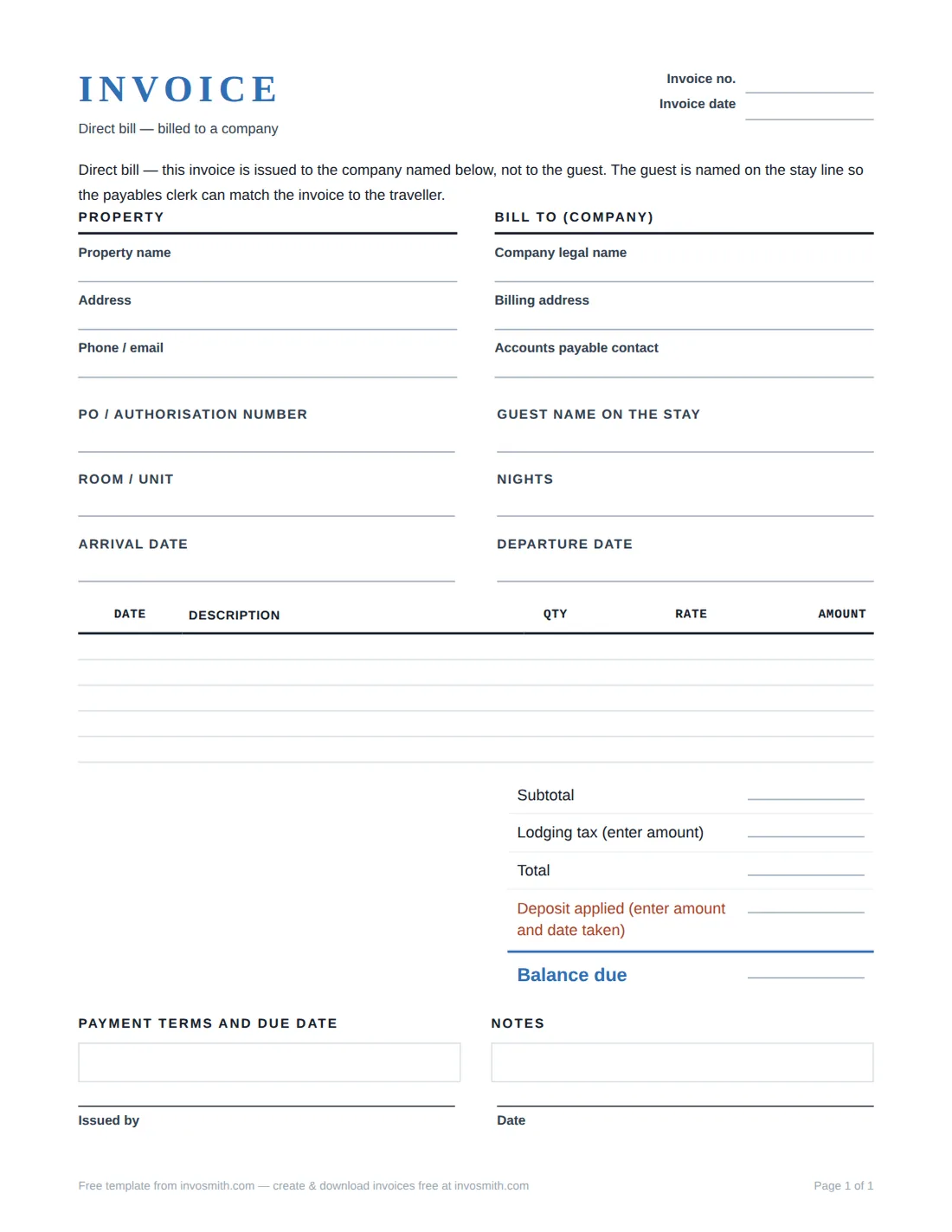 Hotel direct bill invoice preview