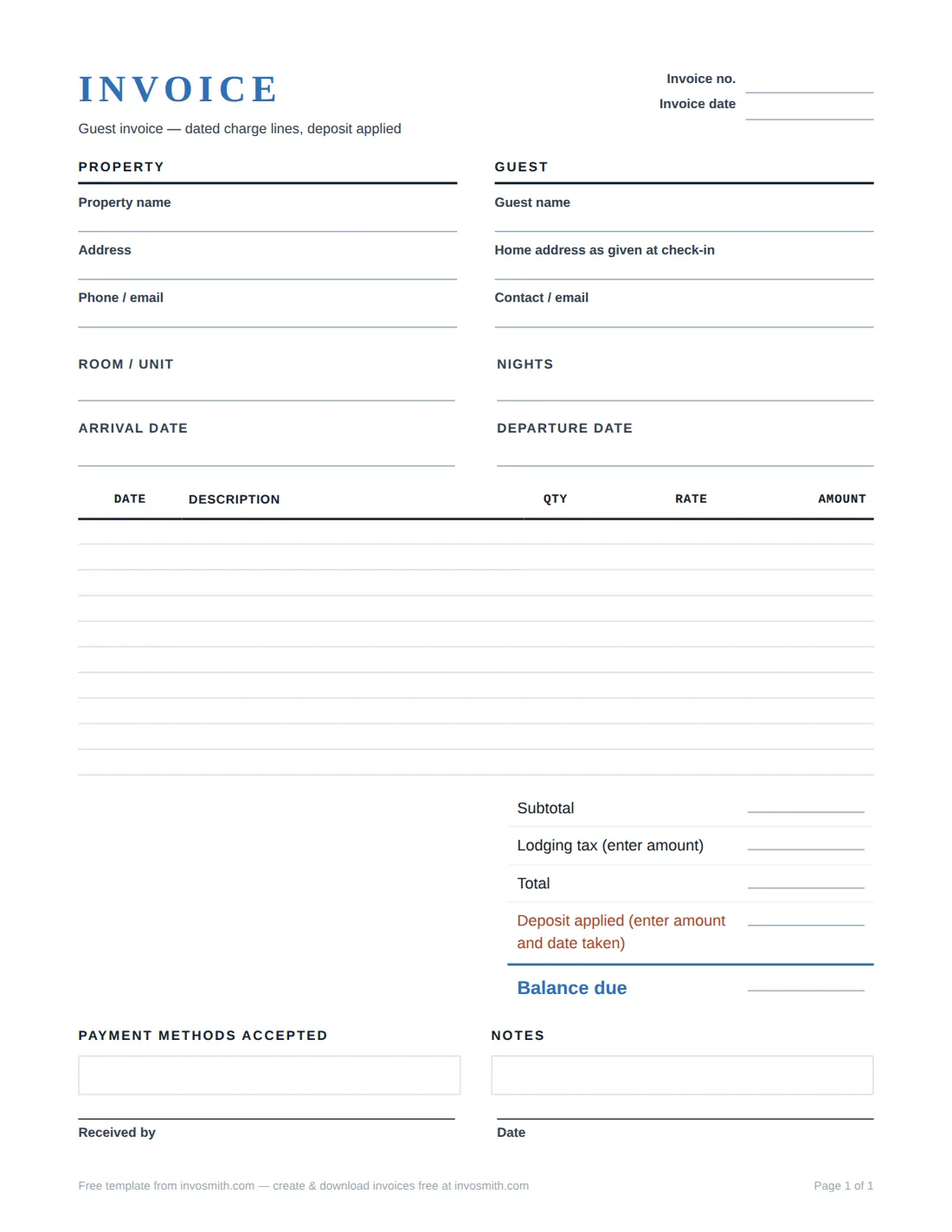 Hotel invoice template preview