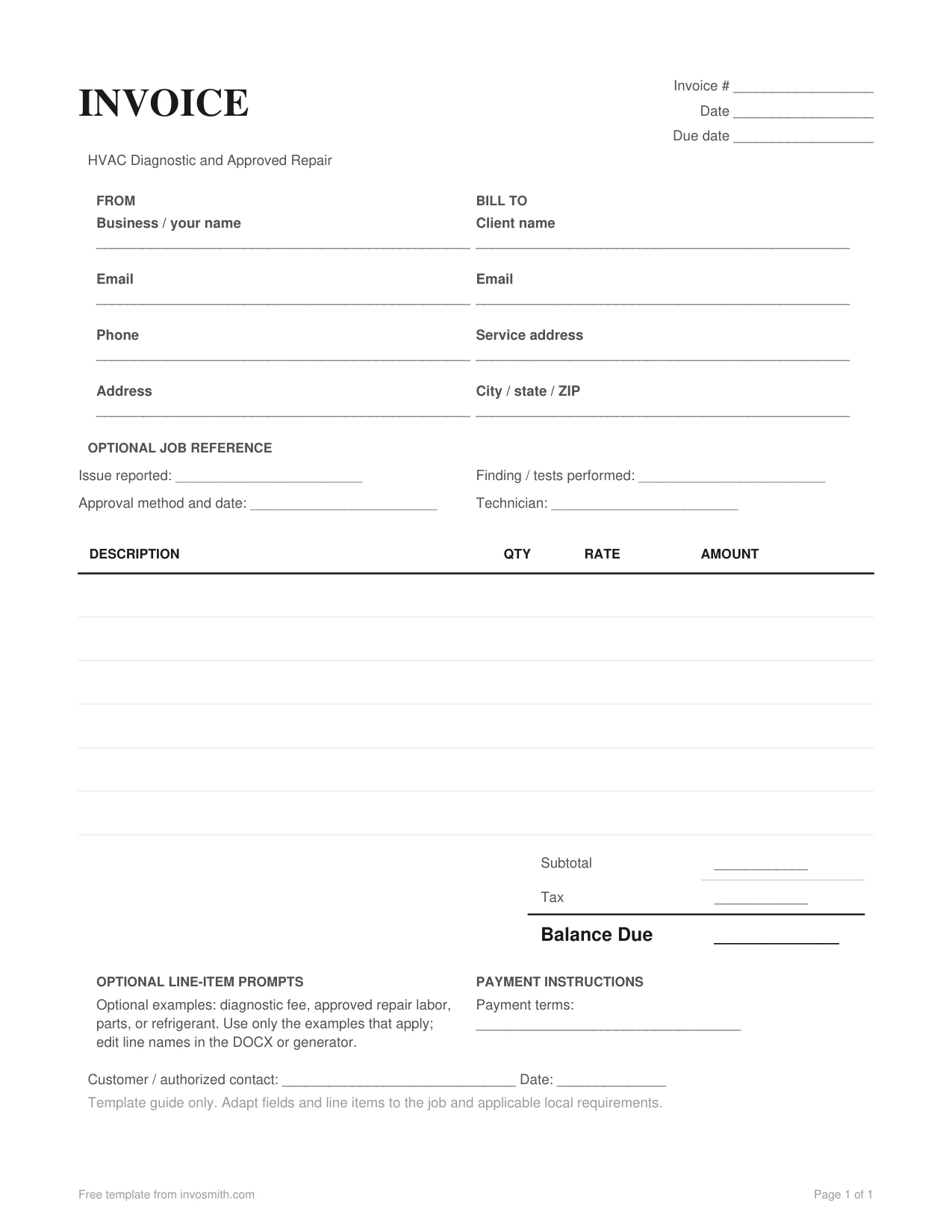 Blank template: HVAC Invoice Template for Heating & Air Conditioning