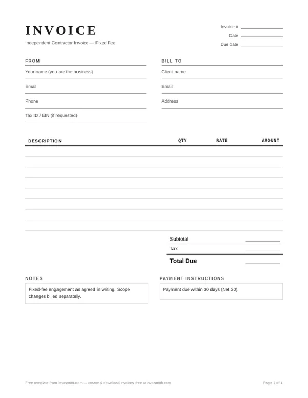 Fixed-fee independent contractor invoice template preview with a project scope