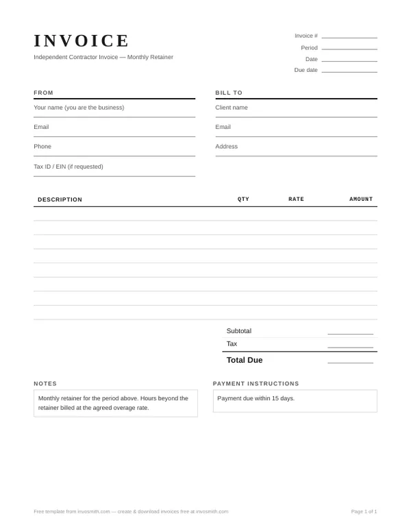 Monthly retainer independent contractor invoice template preview with a service period