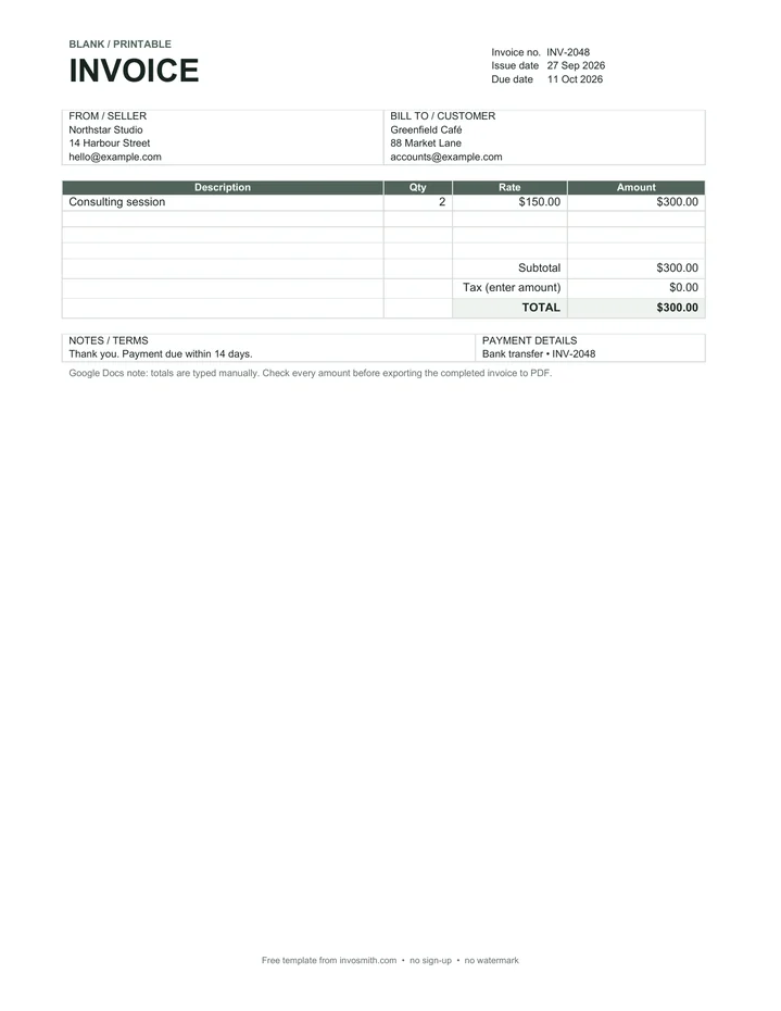 Printable Google Docs invoice sample with open rows for additional charges