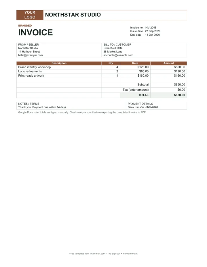 Branded Google Docs invoice sample with a logo placeholder and business name