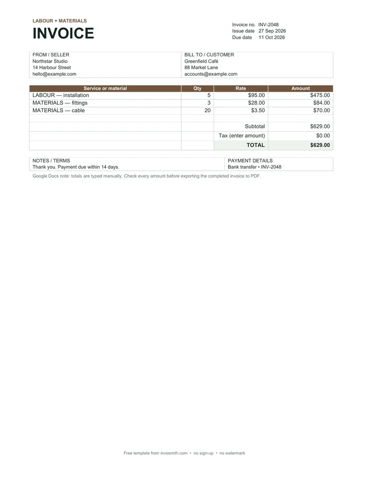 Service invoice template for Google Docs with separate labour and materials line items