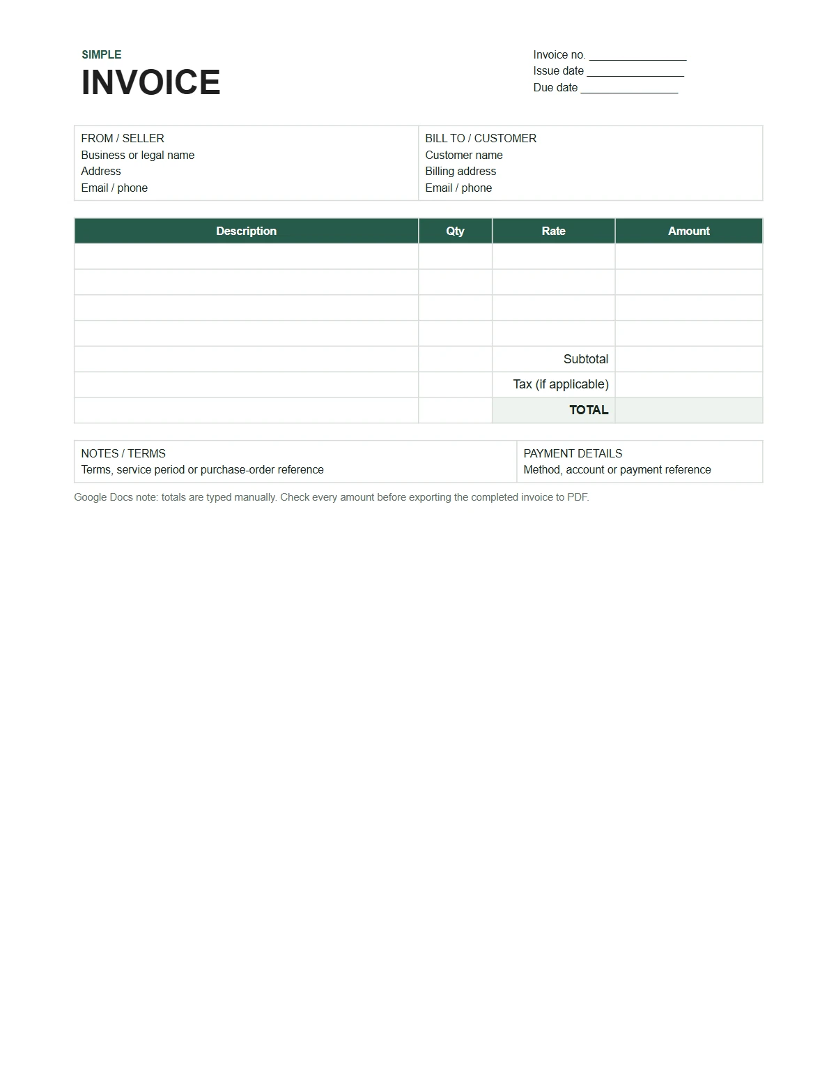 Filled Google Docs invoice template with seller, customer, line items and manual totals