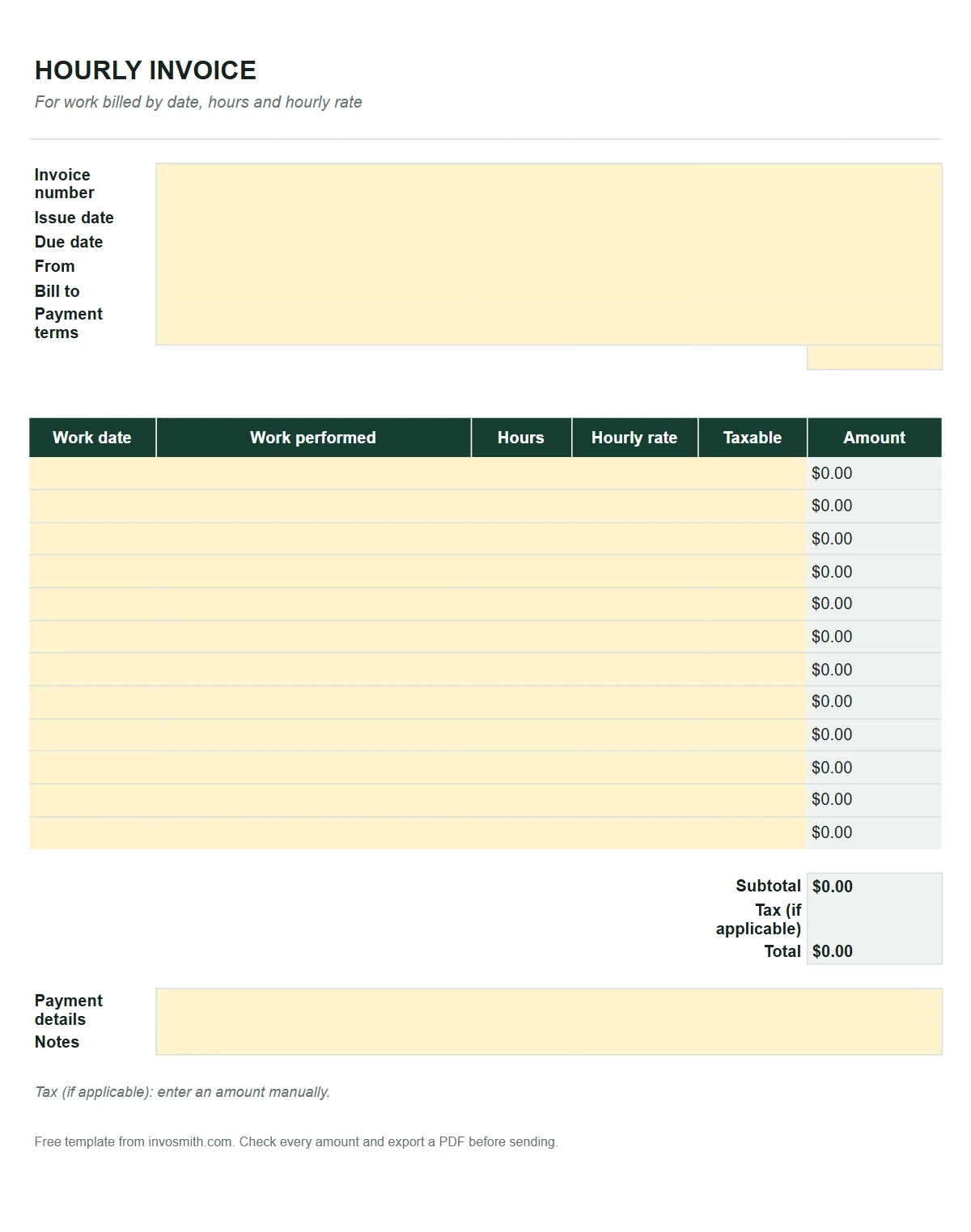 Google Sheets invoice template with yellow hourly inputs and formula-driven amounts and totals