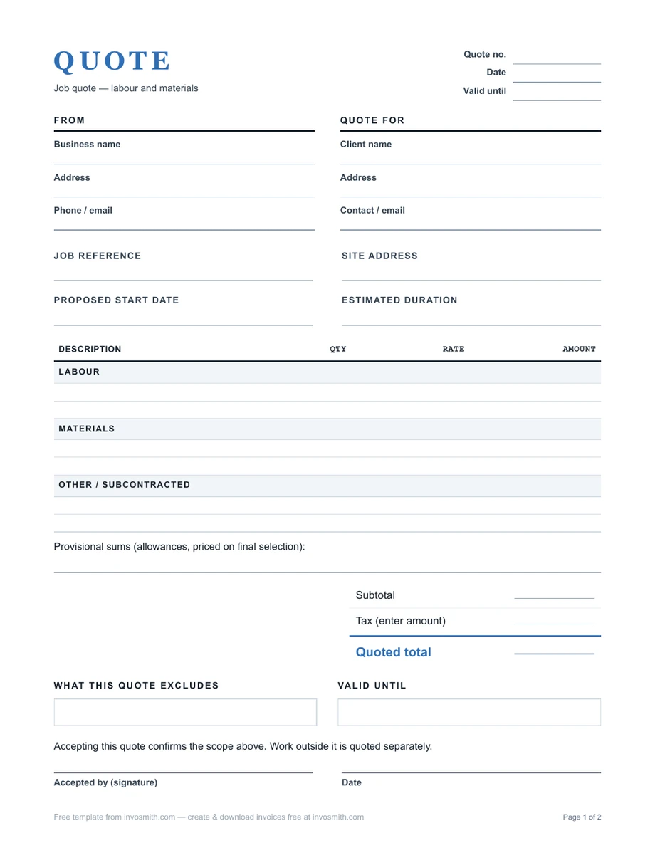 Job quote template separating labour, materials and provisional amounts