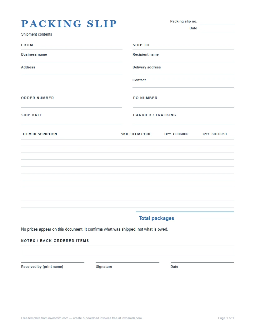 Packing slip template with shipment and item fields