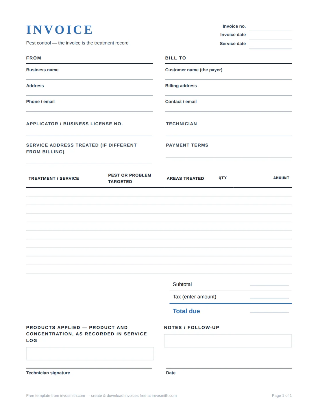Pest control invoice template preview