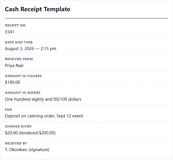 Filled Cash receipt template sample