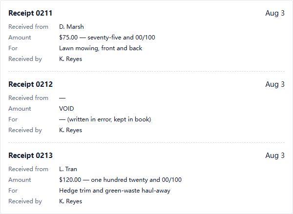 Filled Receipt book template sample