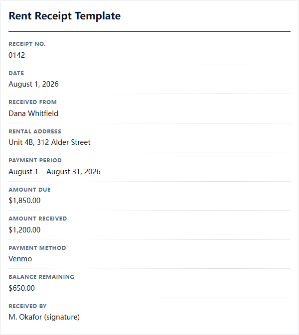 Filled Rent receipt template sample
