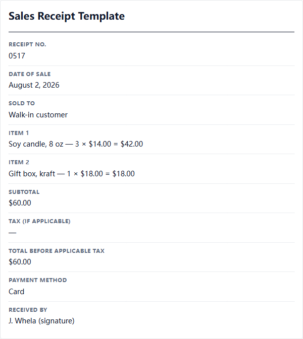 Filled Sales receipt template sample