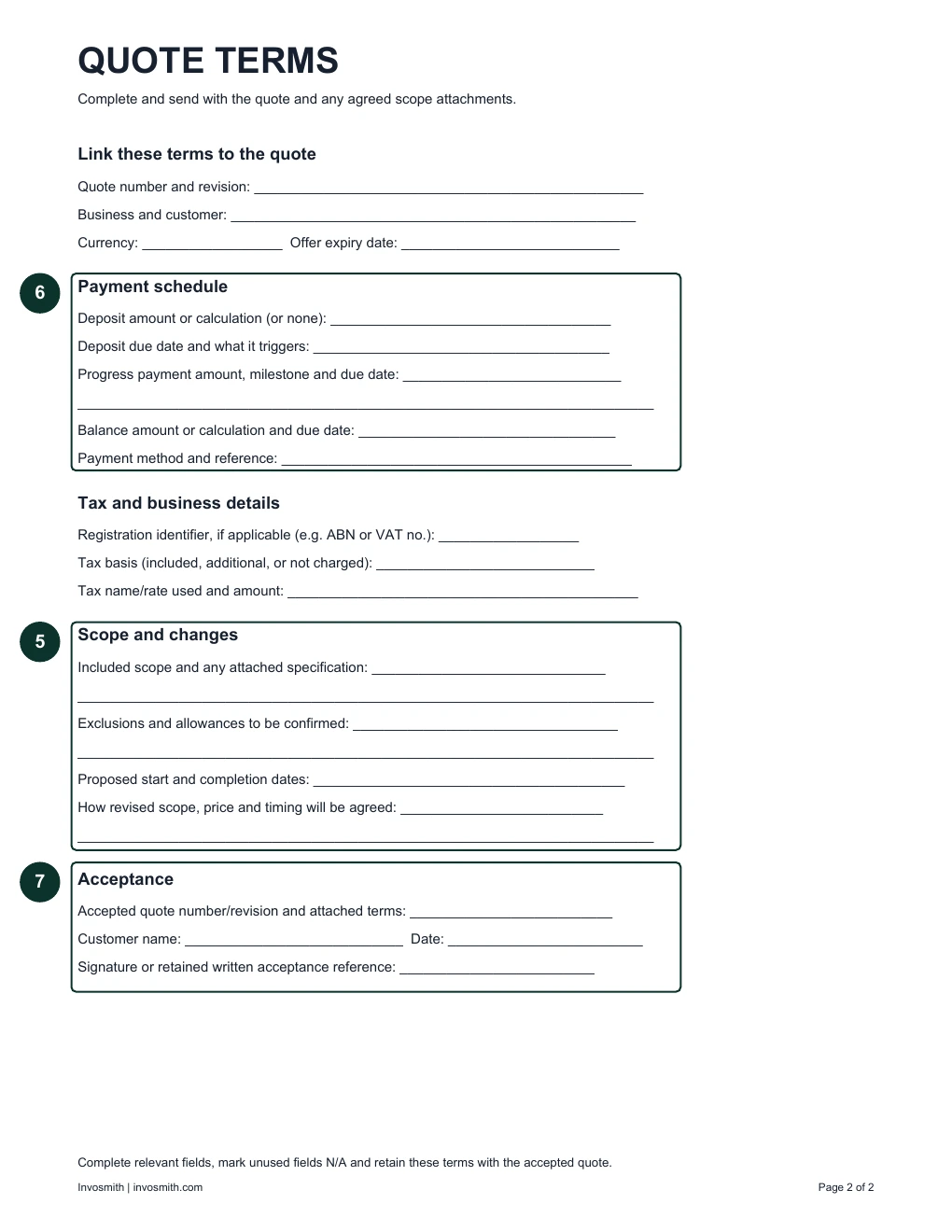 Quote terms page 2 with numbered regions: 5 scope and changes, 6 payment schedule, 7 acceptance of the identified quote