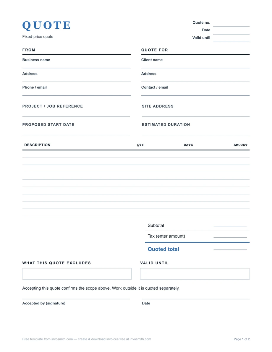 Quote template with scope, totals, terms and acceptance fields