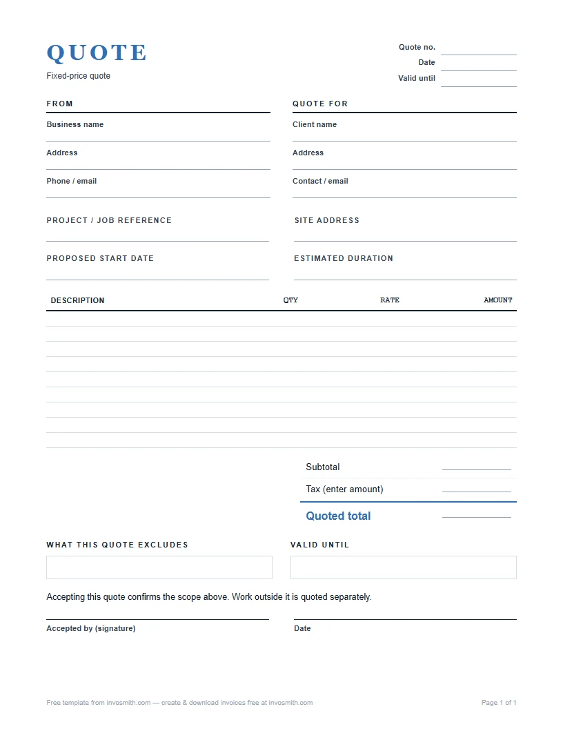 Quote template with scope, totals, terms, and acceptance fields